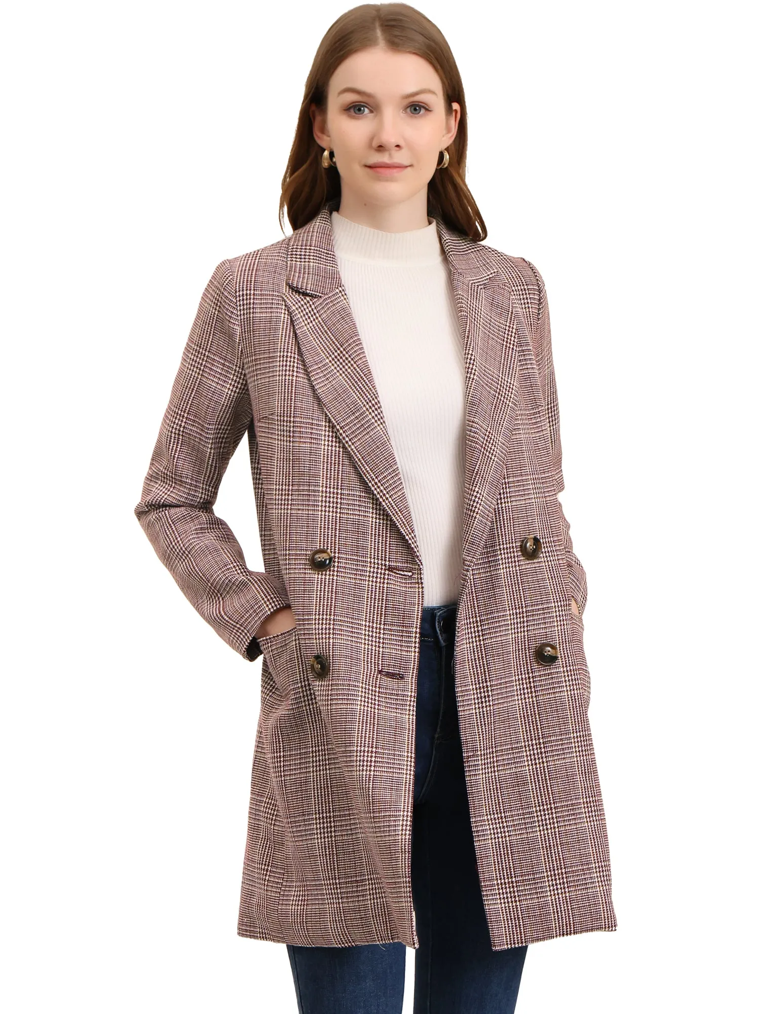 Double Breasted Notched Lapel Plaid Trench Blazer Coat