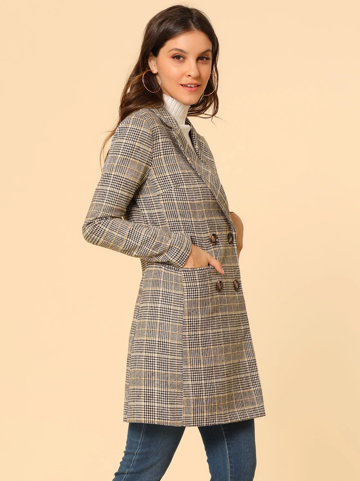 Double Breasted Notched Lapel Plaid Trench Blazer Coat