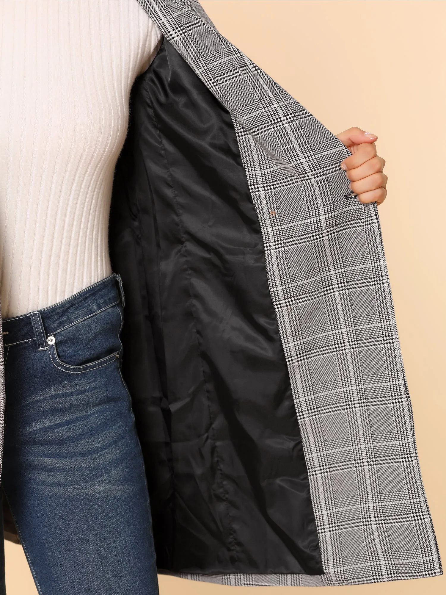 Double Breasted Notched Lapel Plaid Trench Blazer Coat