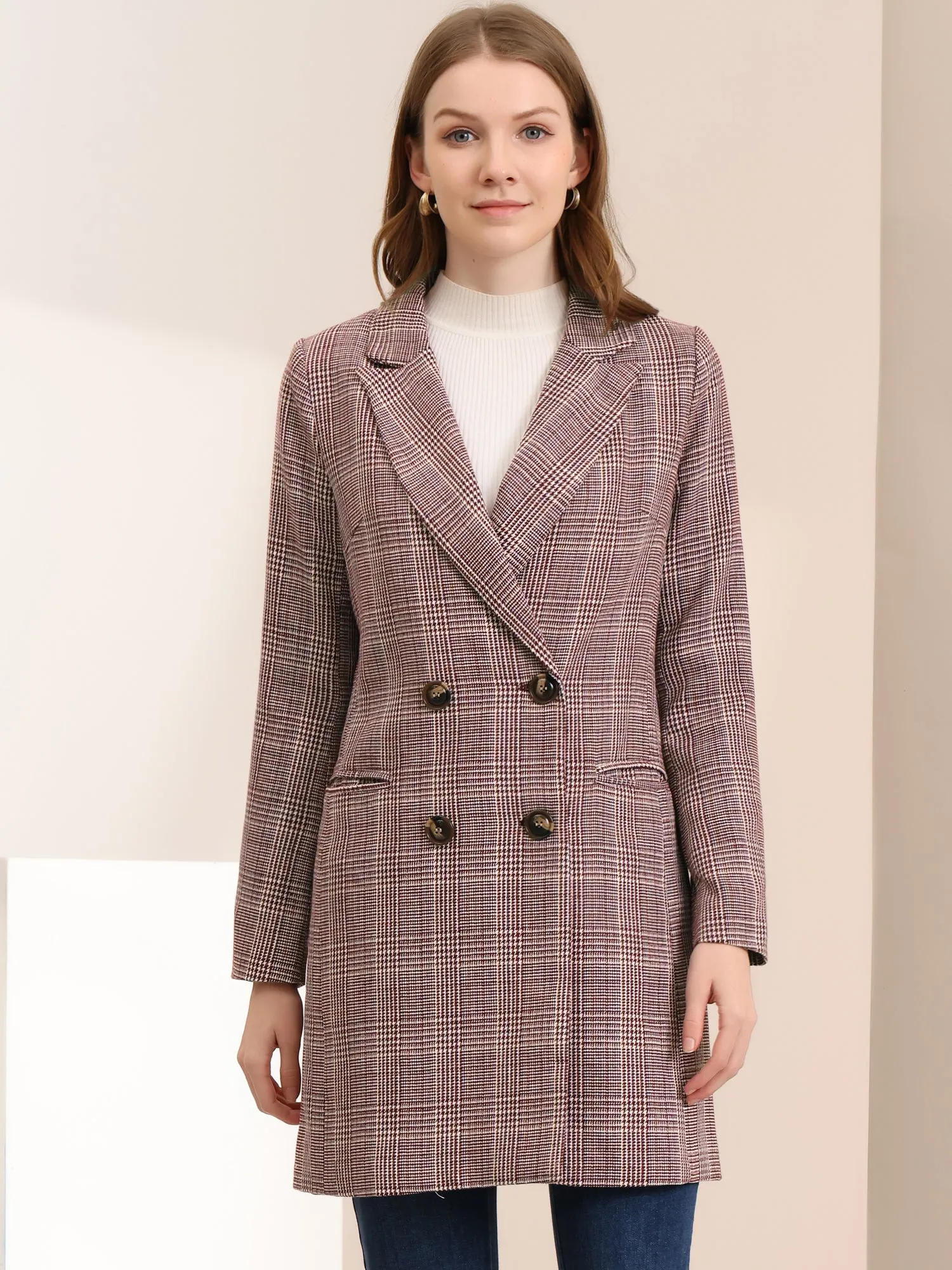 Double Breasted Notched Lapel Plaid Trench Blazer Coat