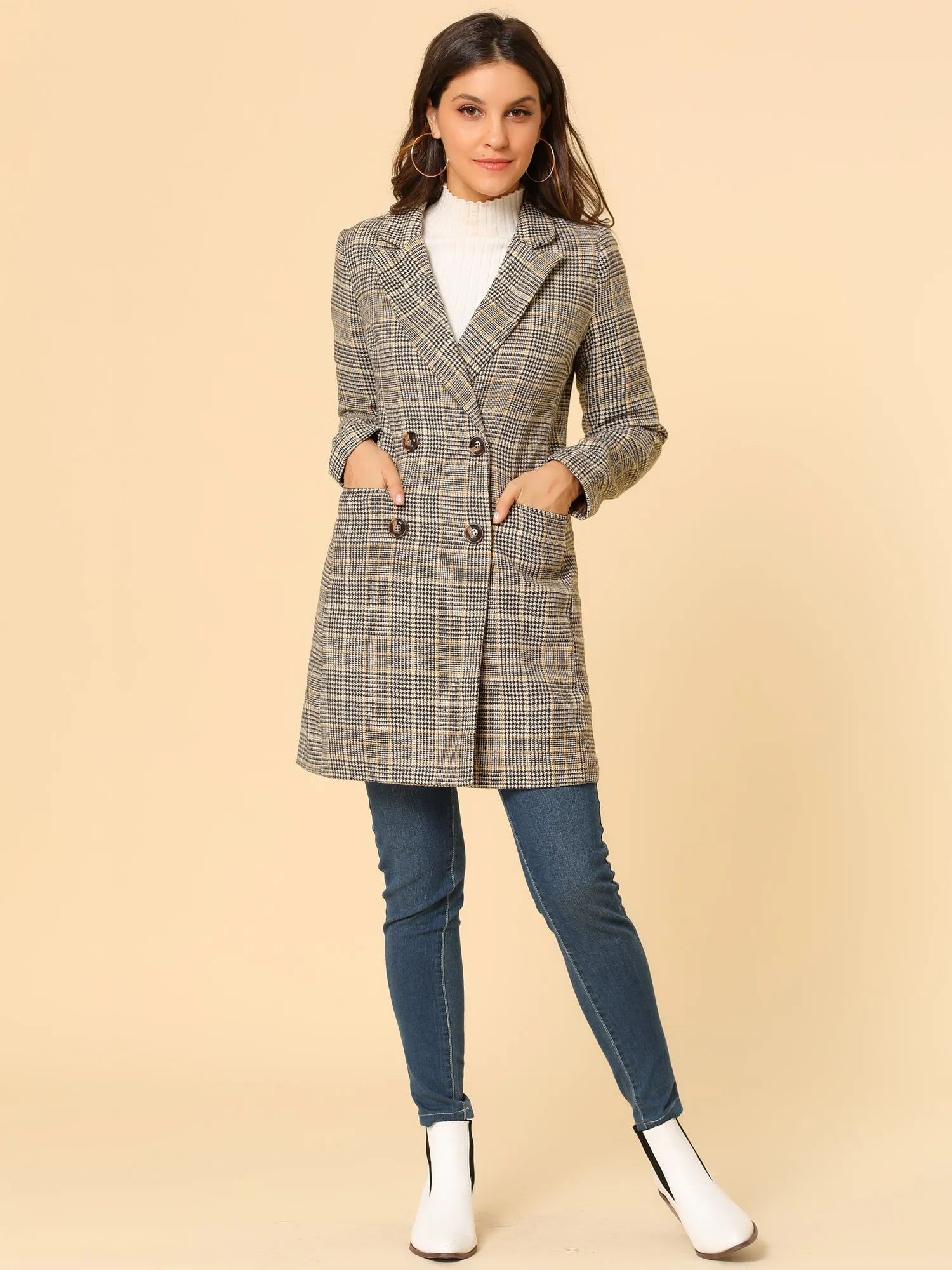 Double Breasted Notched Lapel Plaid Trench Blazer Coat
