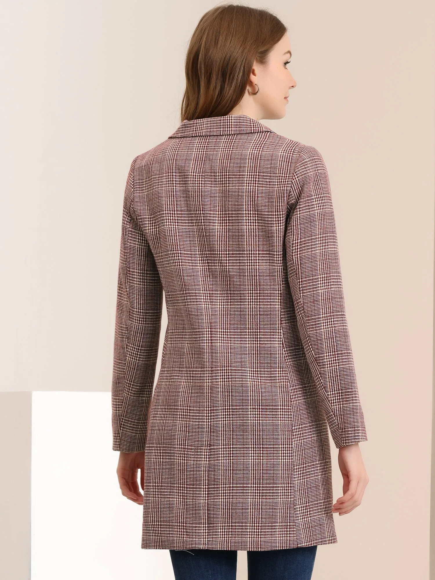 Double Breasted Notched Lapel Plaid Trench Blazer Coat