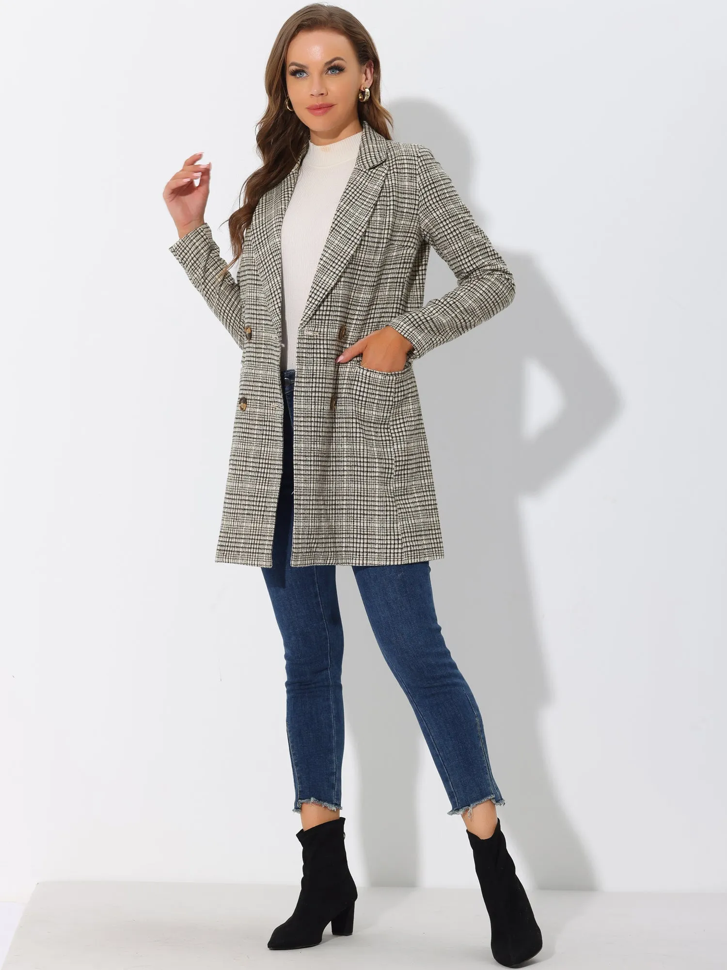Double Breasted Notched Lapel Plaid Trench Blazer Coat