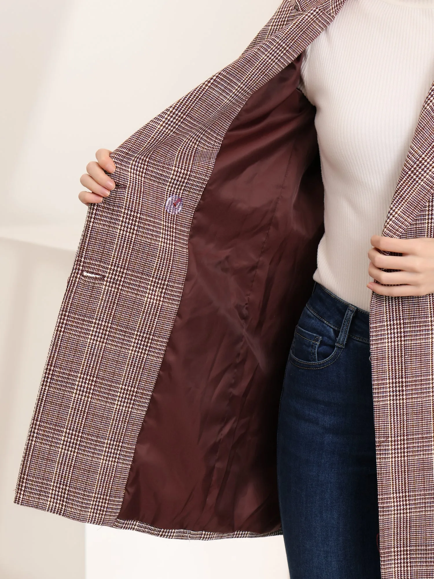 Double Breasted Notched Lapel Plaid Trench Blazer Coat