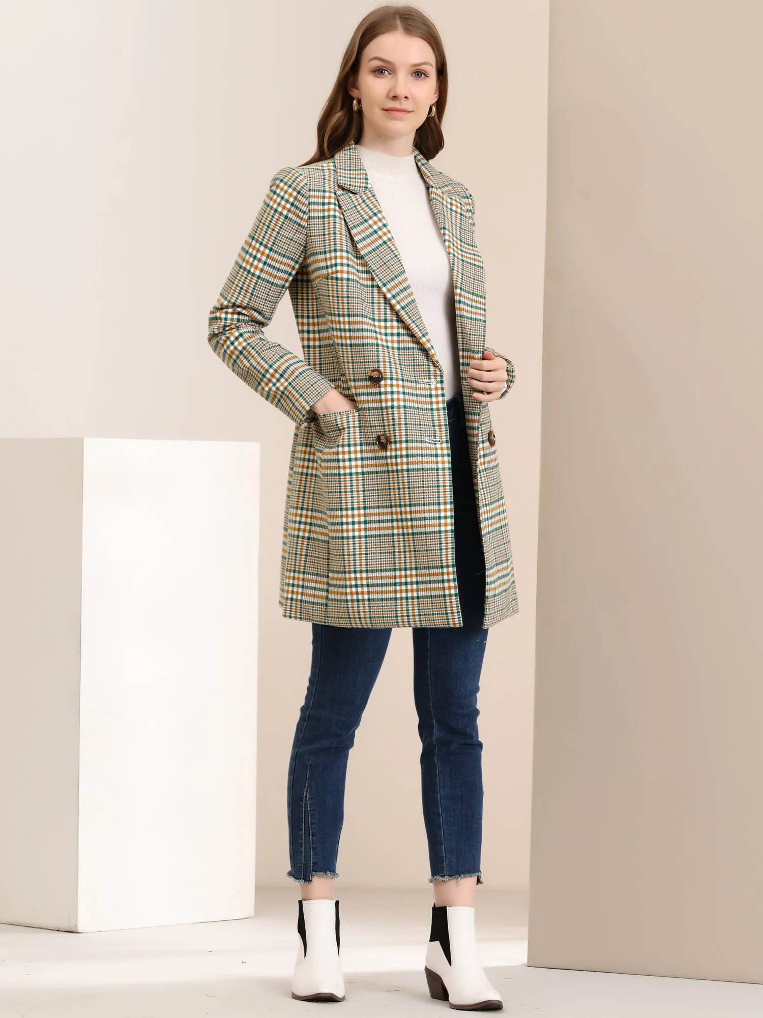 Double Breasted Notched Lapel Plaid Trench Blazer Coat