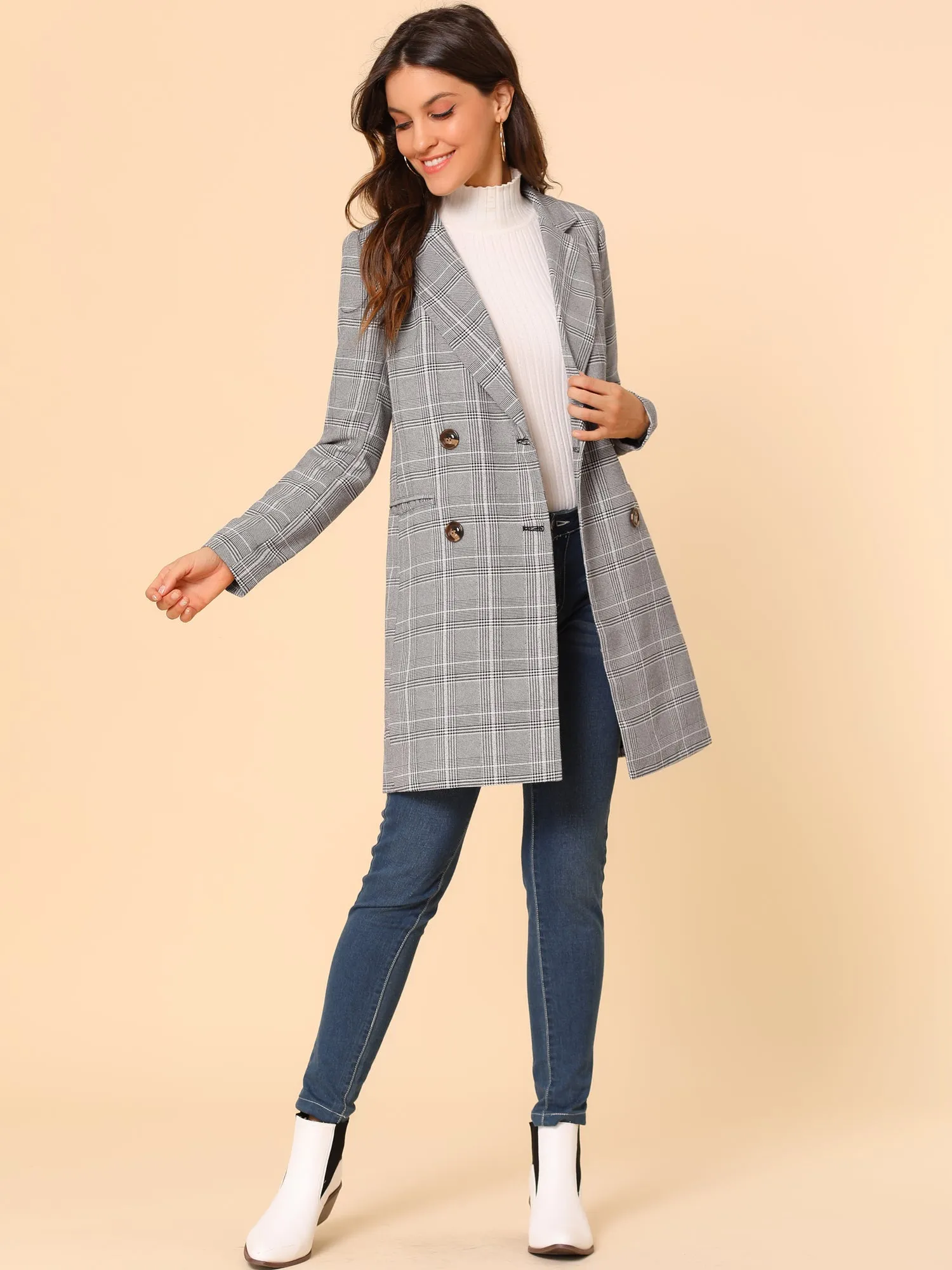 Double Breasted Notched Lapel Plaid Trench Blazer Coat
