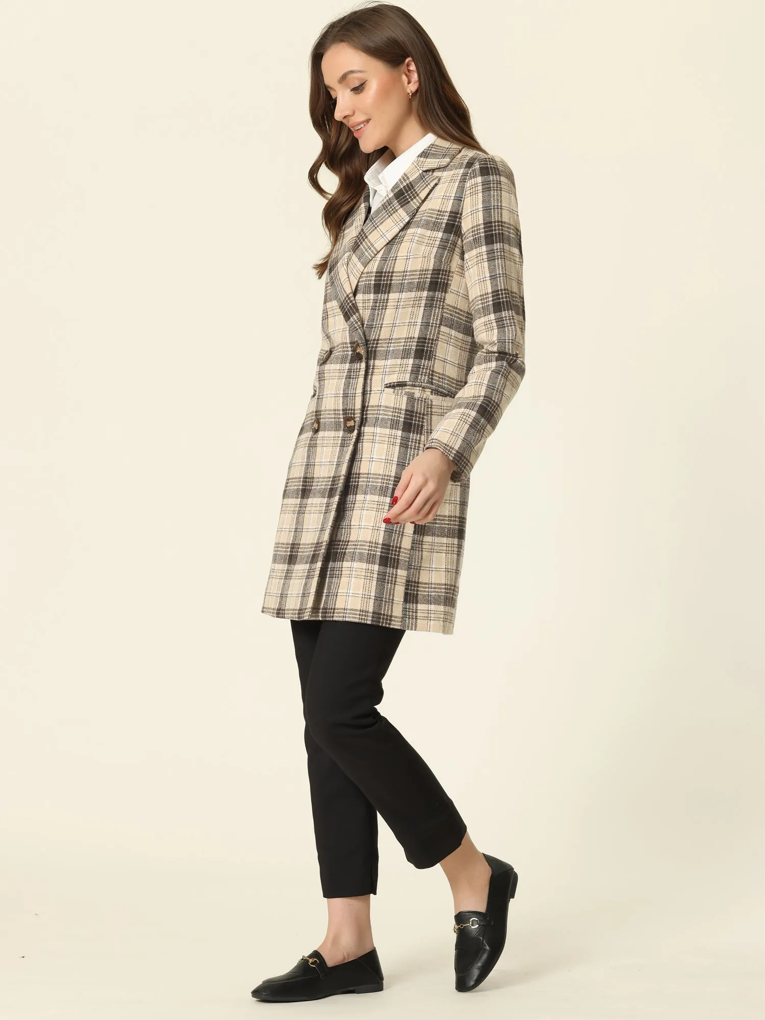 Double Breasted Notched Lapel Plaid Trench Blazer Coat