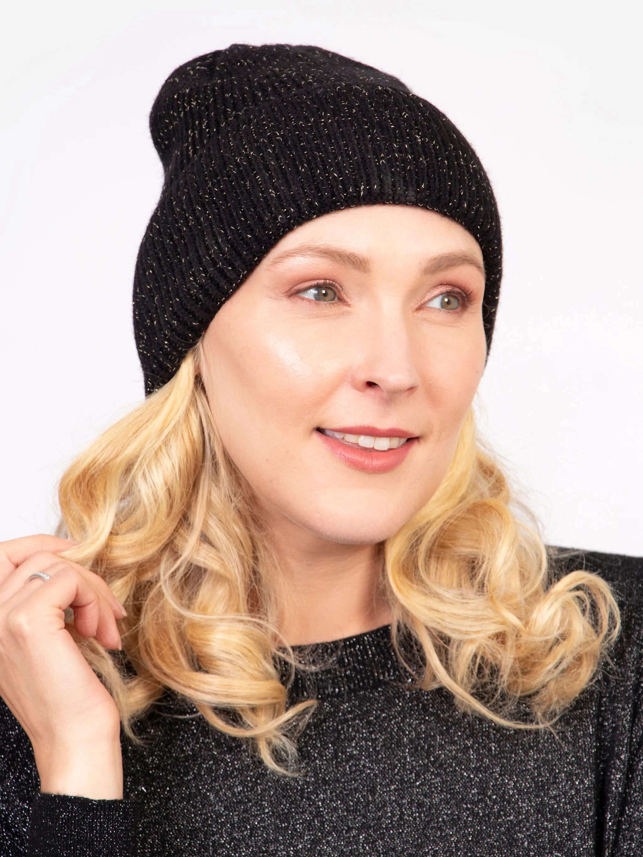 Harmony Knitted Beanie Hat - Black, Gold Glitter
