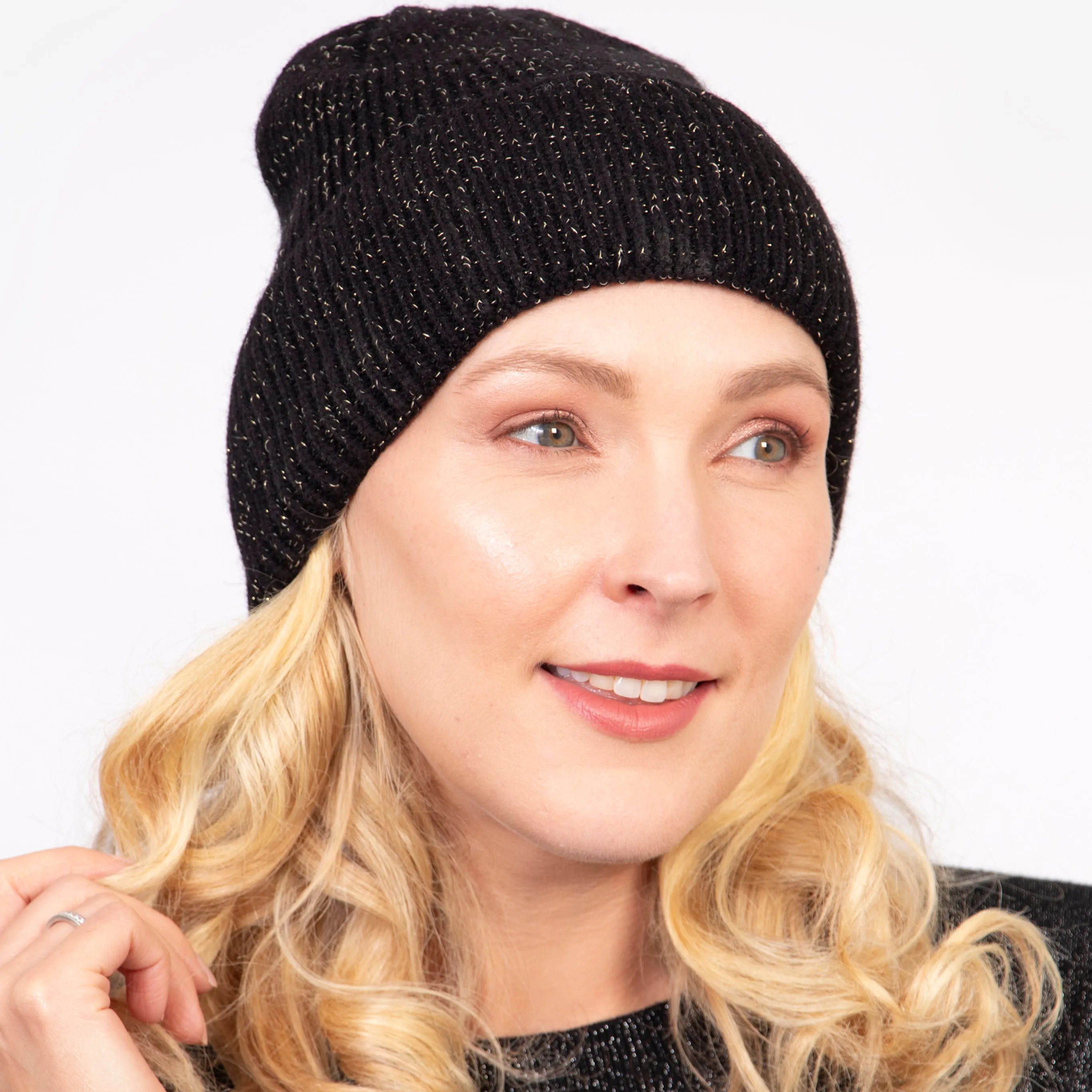 Harmony Knitted Beanie Hat - Black, Gold Glitter