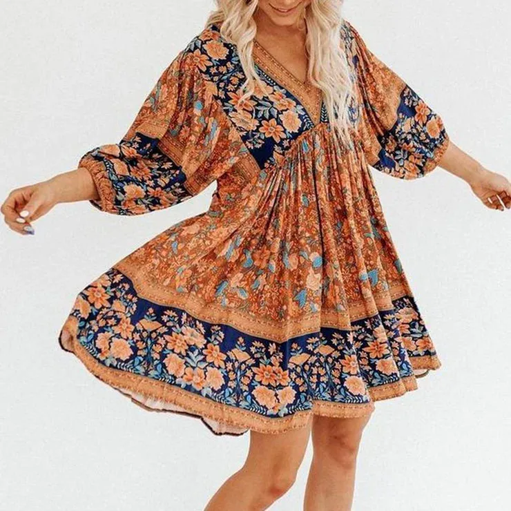 Lady Floral Vintage Long Sleeve Hippie  Ruffles Bohemian Dress