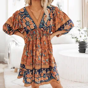 Lady Floral Vintage Long Sleeve Hippie  Ruffles Bohemian Dress