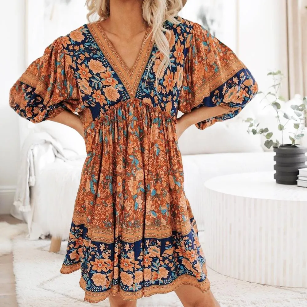 Lady Floral Vintage Long Sleeve Hippie  Ruffles Bohemian Dress