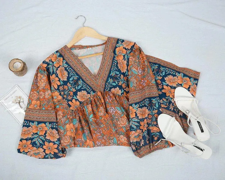 Lady Floral Vintage Long Sleeve Hippie  Ruffles Bohemian Dress