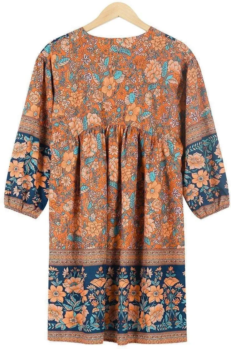 Lady Floral Vintage Long Sleeve Hippie  Ruffles Bohemian Dress