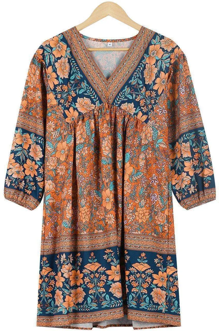 Lady Floral Vintage Long Sleeve Hippie  Ruffles Bohemian Dress