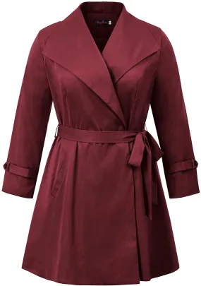 Lapel Trench Wine Red Plus Size Coat Belted Lightweight Long Jacket