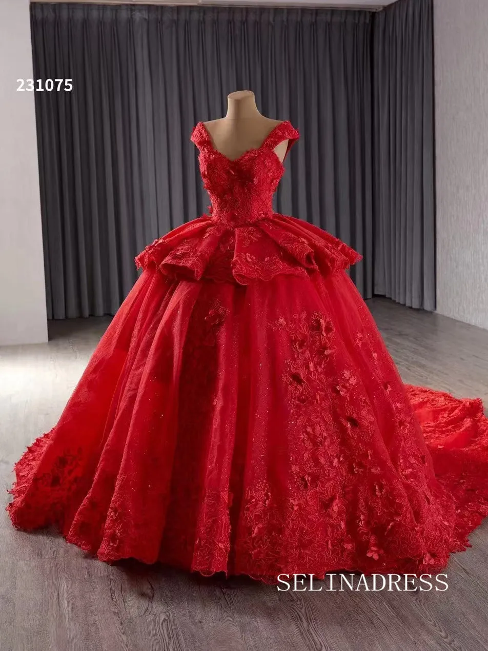 Luxury Red Straps Lace Appliques Ball Gowns Long Formal Dresses Evening Dress 231075