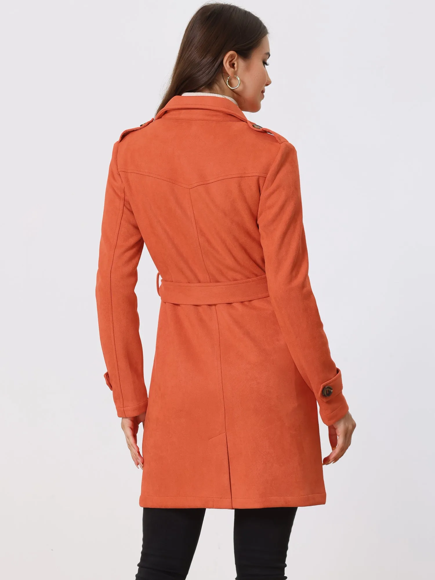 Notched Lapel Double Breasted Faux Suede Trench Coat Jacket with Belt