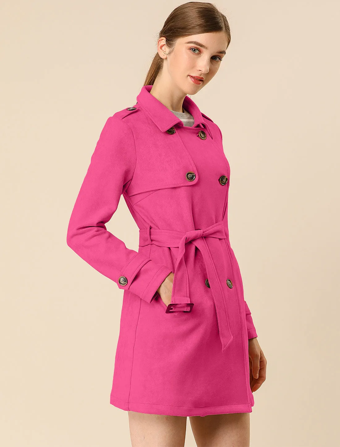 Notched Lapel Double Breasted Faux Suede Trench Coat Jacket with Belt