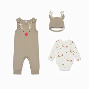 Reindeer Dungarees, Bodysuit & Bonnet Outfit