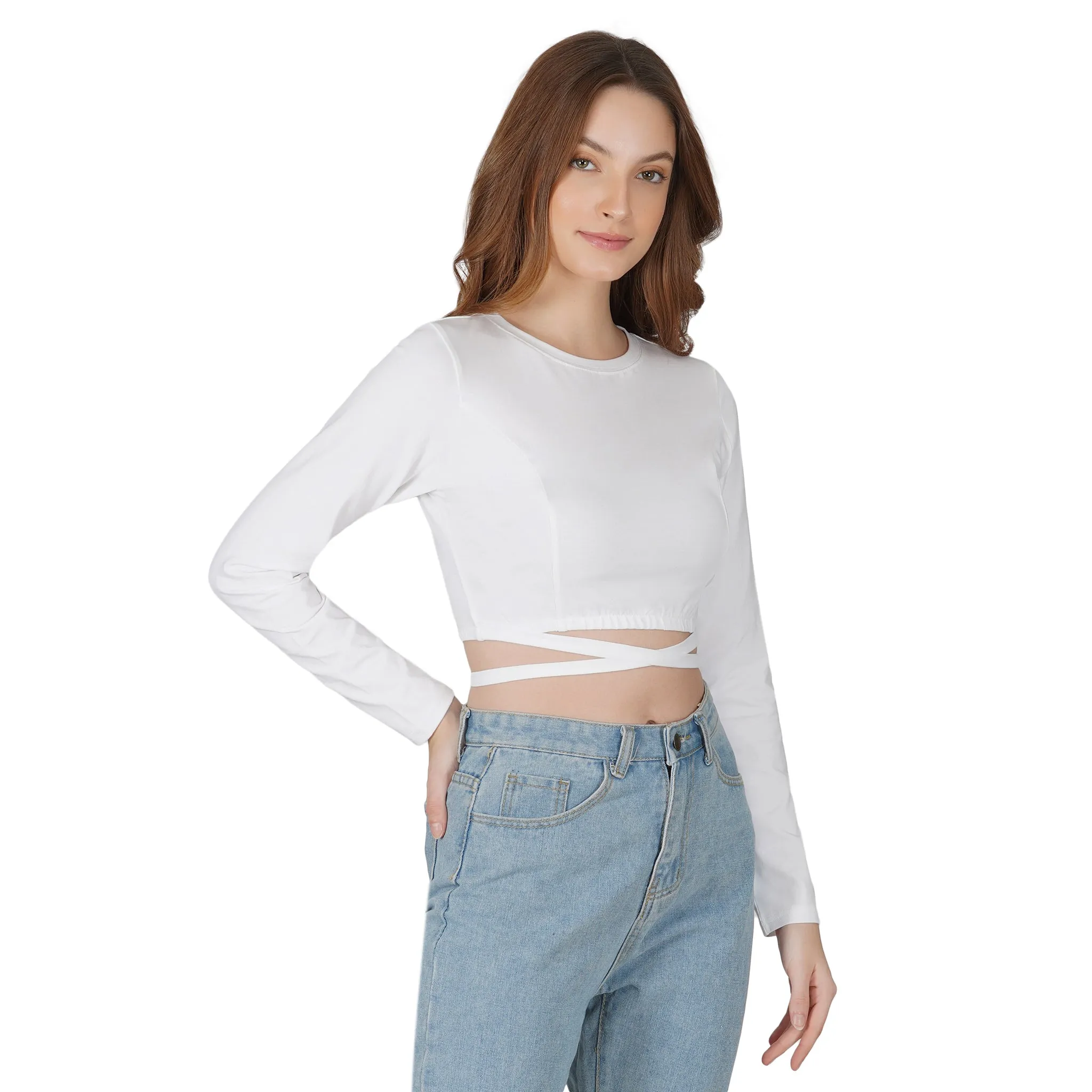 SLAY. Women's White Full Sleeves Crop Top with Back Wrap around Strings