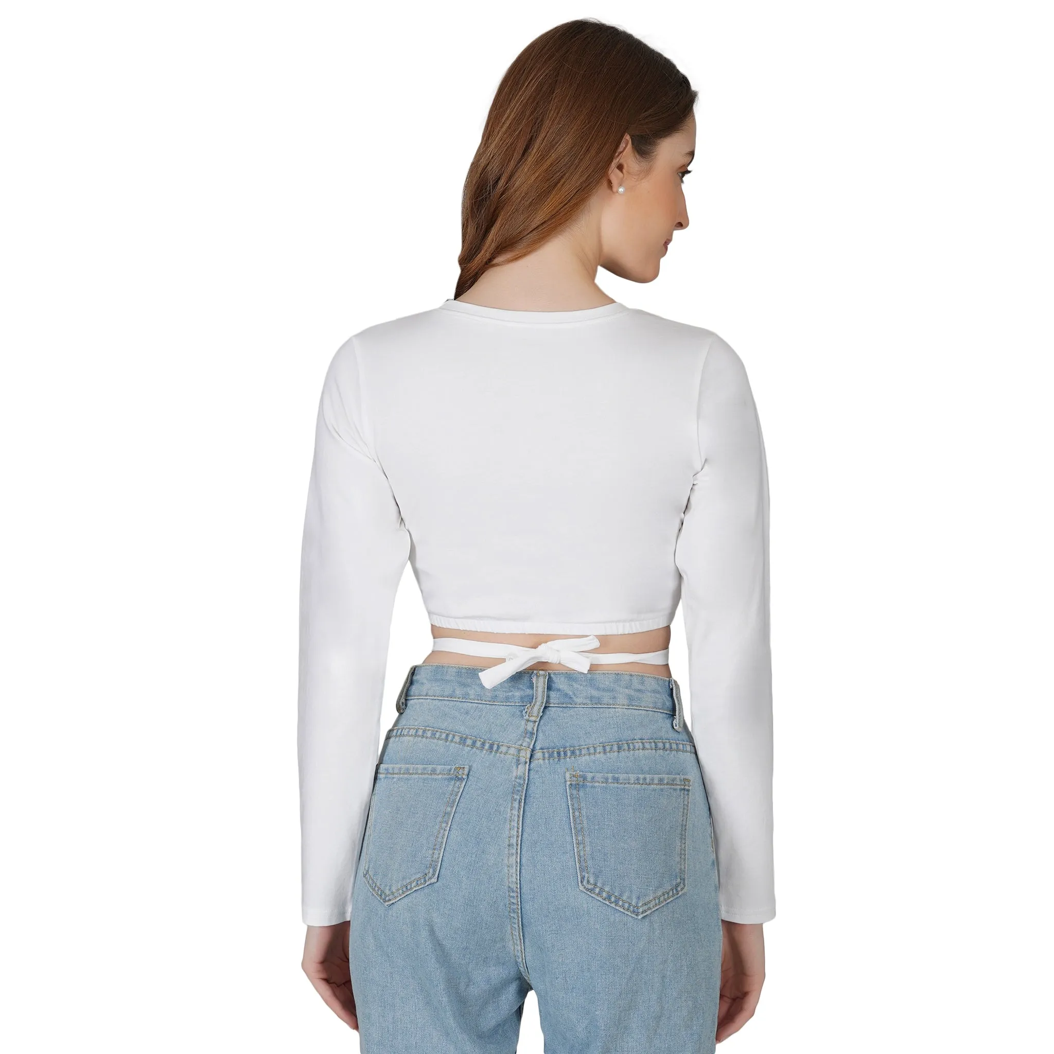 SLAY. Women's White Full Sleeves Crop Top with Back Wrap around Strings