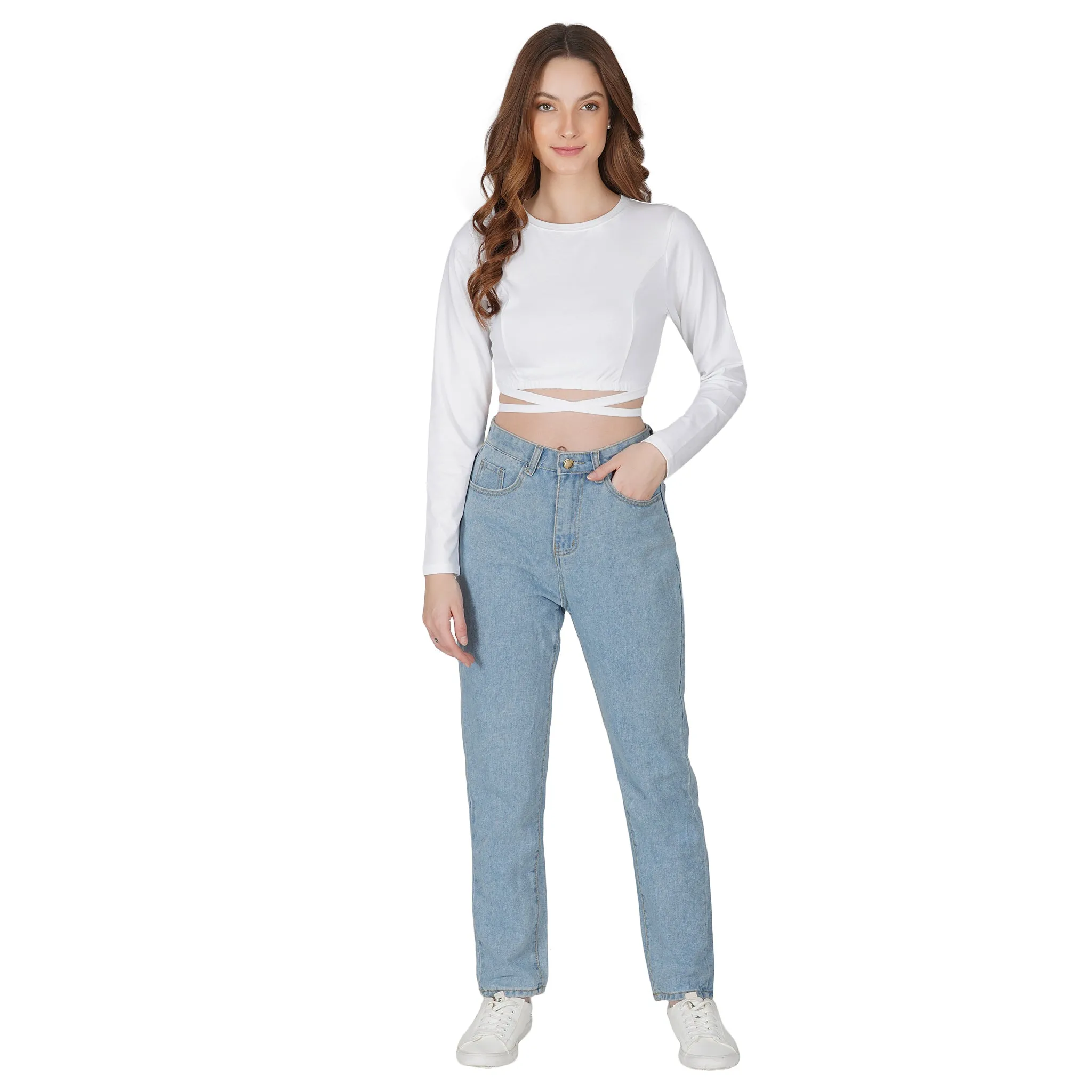 SLAY. Women's White Full Sleeves Crop Top with Back Wrap around Strings