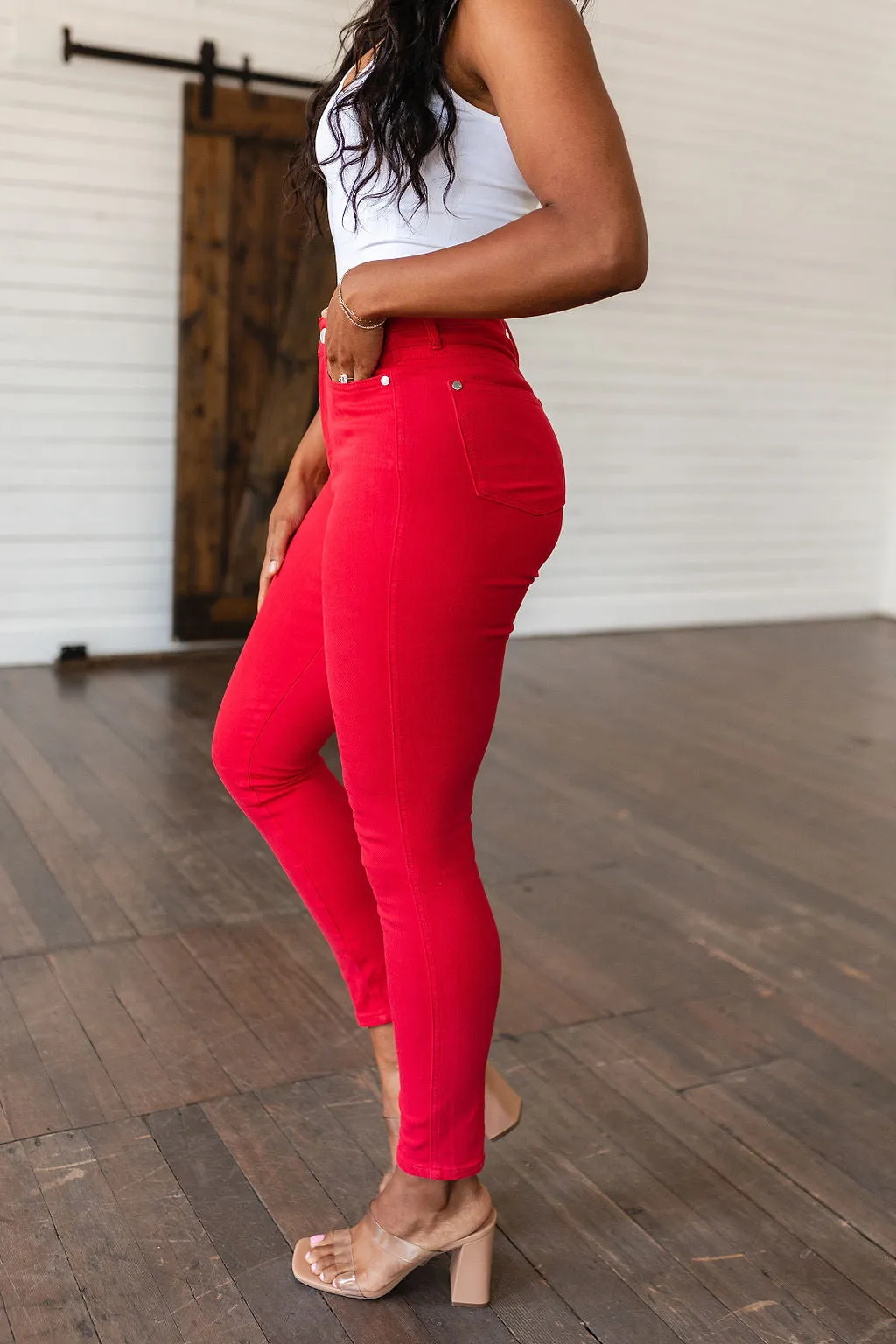 TUMMY CONTROL: Ruby High Rise Skinny Jeans in Red - Judy Blue