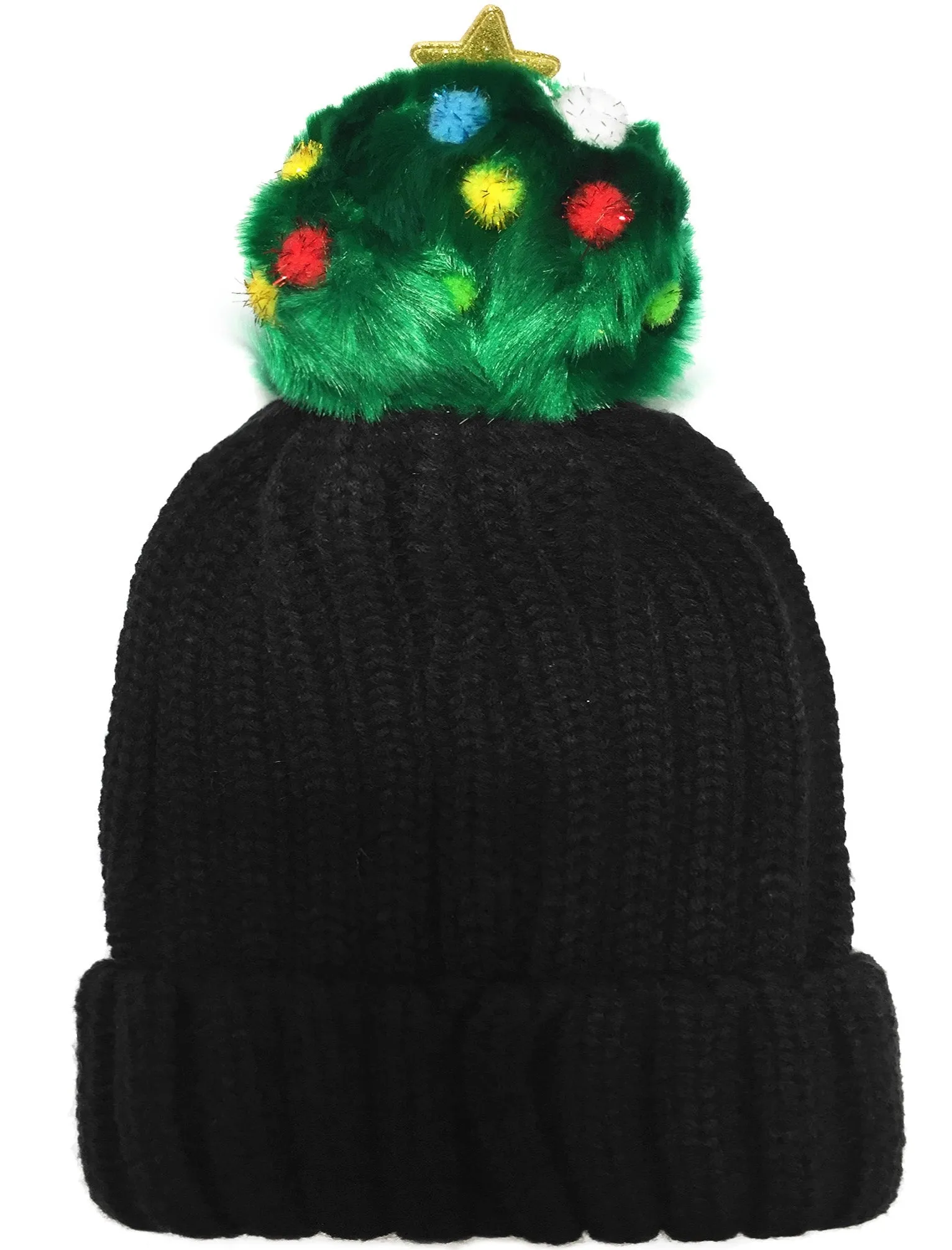 Women's Plush Christmas Tree Bobble Beanie Hat in Black - Tokyo Laundry