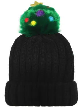 Women's Plush Christmas Tree Bobble Beanie Hat in Black - Tokyo Laundry