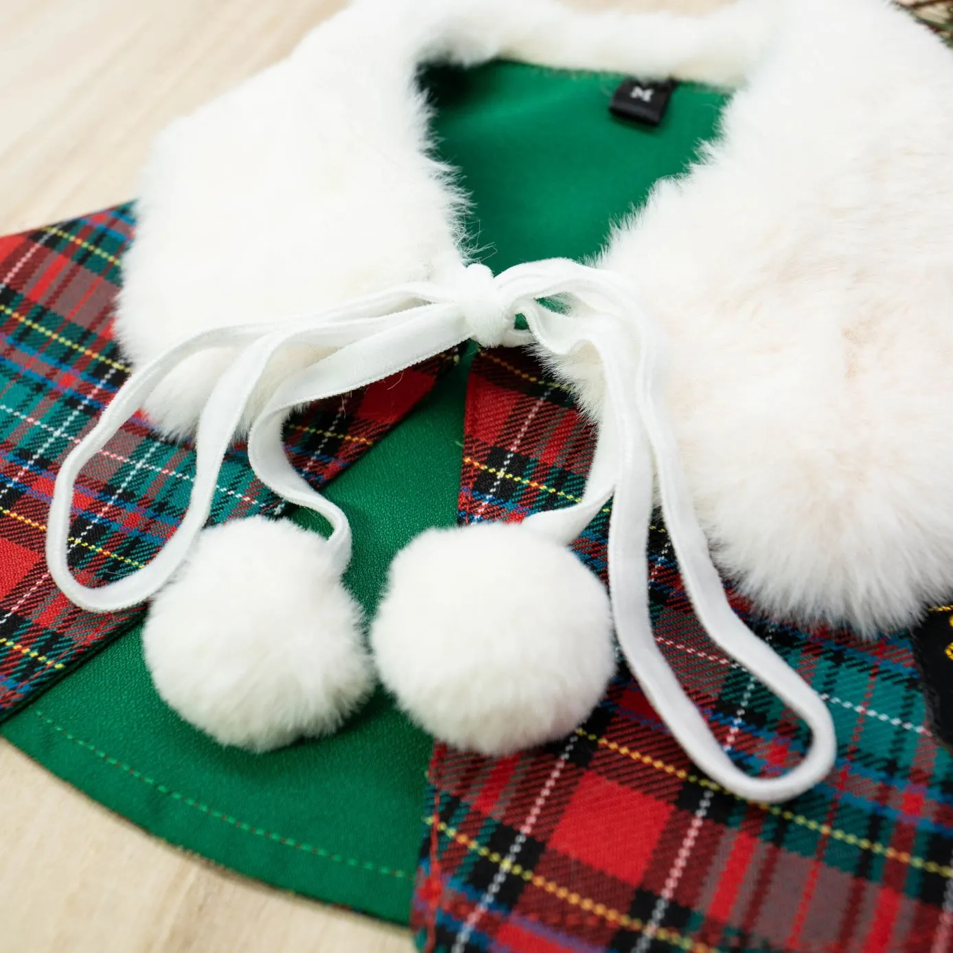 Xmas Cape - White Faux Fur Collar Trench Coat in Red Green Tartan