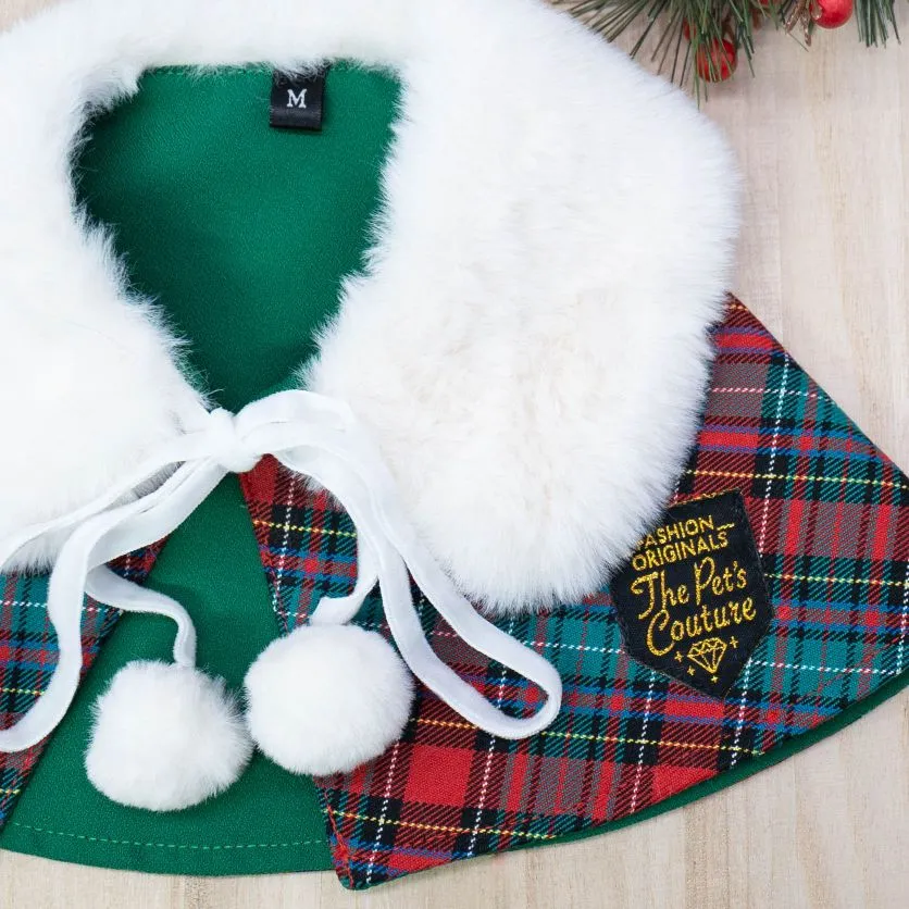 Xmas Cape - White Faux Fur Collar Trench Coat in Red Green Tartan