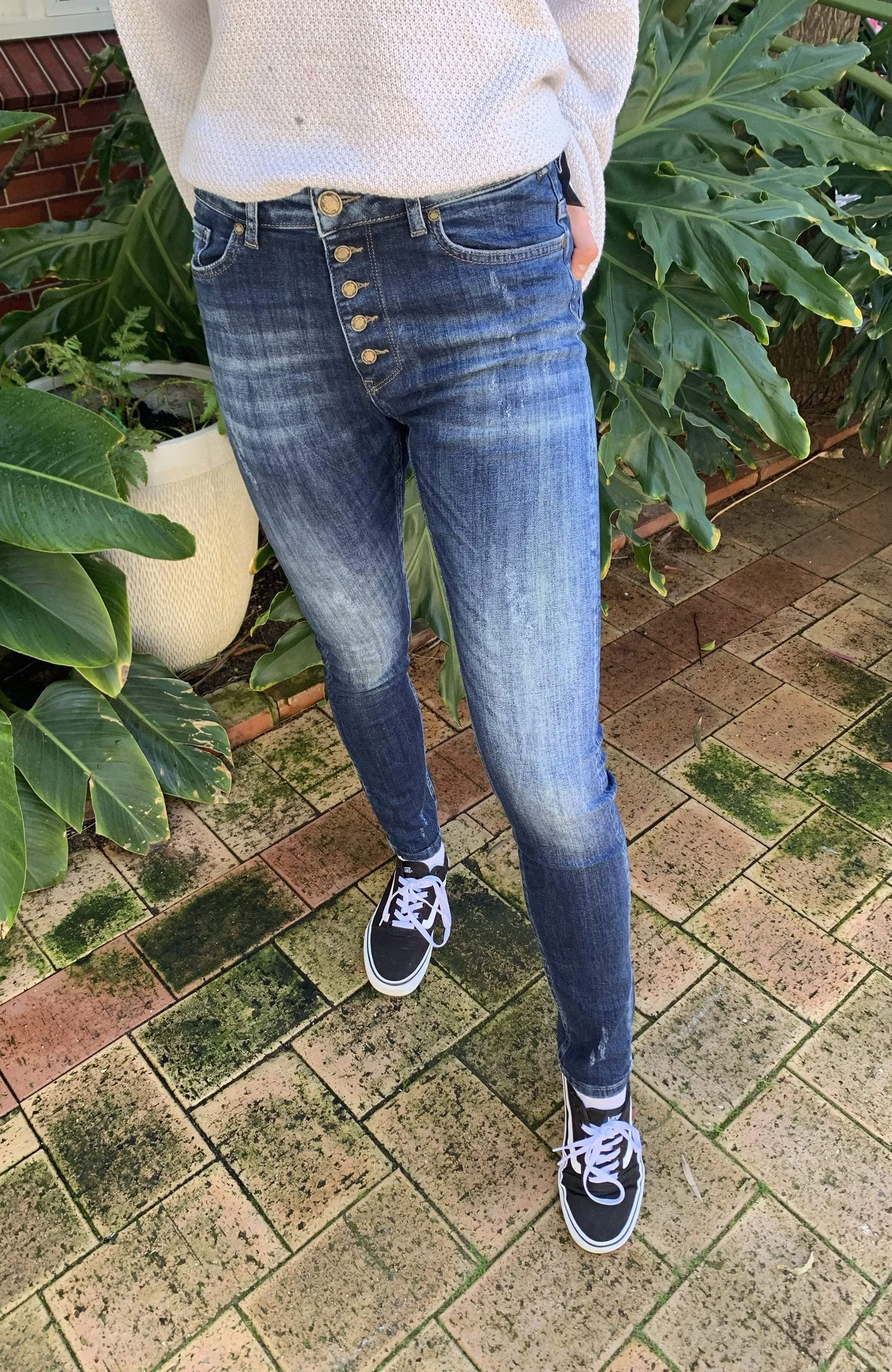Zhrill Leona Button Blue Grunge Skinny Denim